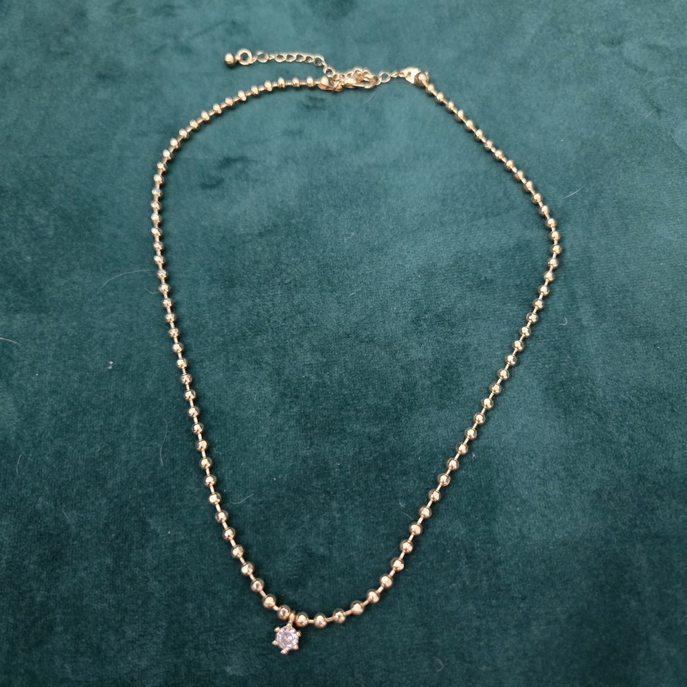 💎 Gold Bead Chain Necklace w/ Sparkly CZ Pendant – Lobster Clasp, New w/o Tags